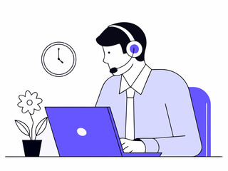 Customer service representative working on laptop with headset isolated on transparent background