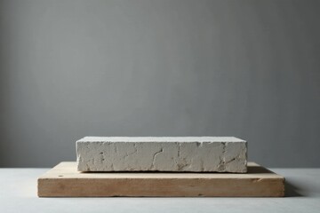 A simple, rustic, and minimalist display platform featuring a textured off-white block atop a light brown wooden base, perfect for showcasing small products or artwork against a neutral gray backdrop