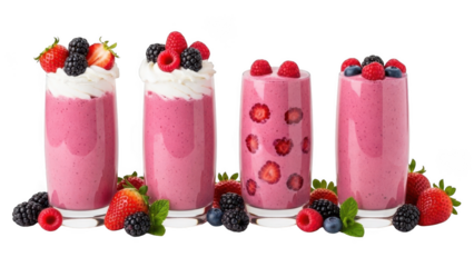 A vibrant collection of four berry smoothies and milkshakes with fresh fruit garnish