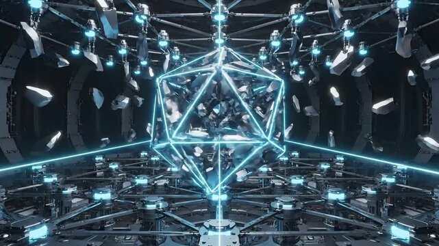 Futuristic quantum network chamber with glowing geometric core showcasing advanced digital technology and science fiction environment. Futuristic quantum technology chamber