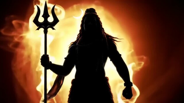 Silhouette of Lord Shiva holding a Trishul against a fiery background, representing divine power and destruction.