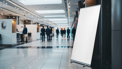 Blank white roll-up banner standing in a spacious modern hall with blurred business people, concept for marketing, events, and promotions.