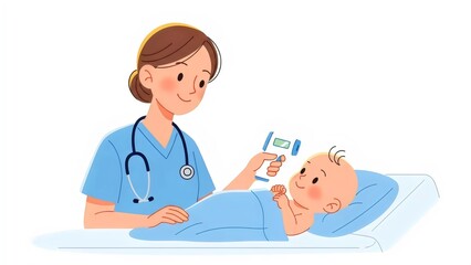 Nurse Checking Baby&rsquo;s Temperature Friendly Healthcare Vector Illustration