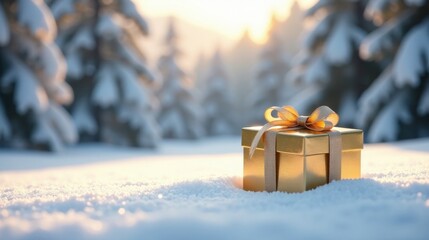 A golden gift box rests in a snowy winter wonderland, bathed in the warm glow of the setting sun, symbolizing a precious present amidst a serene, frosted landscape.