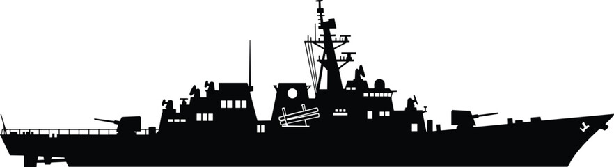 Modern Warship Destroyer Silhouette Vector, Military Navy Vessel with Weapons and Radar, Defense, Naval Combat, Maritime Security, and Global Fleet Graphic Design.