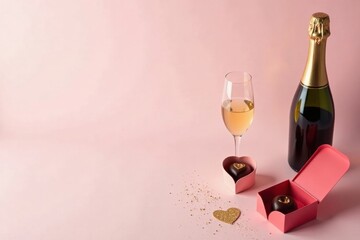 Romantic Celebration Sparkling Wine, Sweet Chocolates, and Heartfelt Gifts on a Pink Background