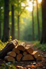 A stack of neatly arranged wood logs rests on a forest path bathed in the warm glow of sunlight filtering through the trees