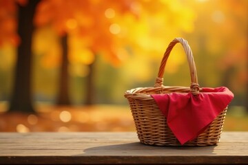 Autumnal Basket on Wooden Surface with Red Cloth