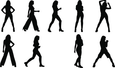 Set of active female silhouettes posing, walking, and moving in stylish casual and street clothes, isolated vector graphic collection.