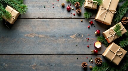 Rustic Wooden Surface Festive Decorated with Wrapped Gifts, Evergreen Branches, Pine Cones, and Ornaments