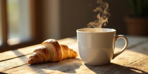 Aromatic morning beverage steaming in a white mug alongside a golden-brown croissant on a rustic wooden surface, bathed in warm sunlight