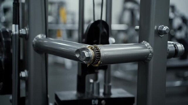 Broken gym equipment with weights, damaged metal fitness machine in gym, close up.