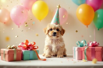 A fluffy puppy celebrates its birthday with pastel-colored presents and balloons, surrounded by festive confetti.