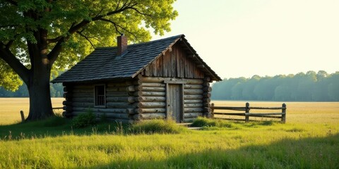 Rustic Log Cabin Nestled Beneath a Verdant Tree in a Serene Meadow at Dawn