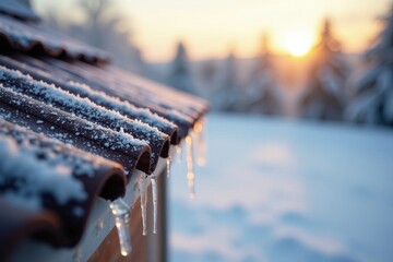 Frozen Roofline at Sunset Icicles Forming on a Snow-Covered Roof During the Golden Hour