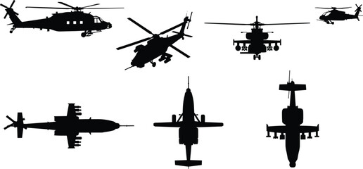 Set of black silhouettes showing various military attack and transport helicopters in side, frontal, and top view, representing air power, defense, and combat aviation. © MD SHAHARIR