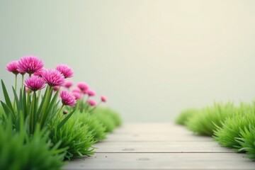 Serene Pathway Adorned with Vibrant Pink Flowers and Lush Green Grass on a Tranquil Wooden Boardwalk