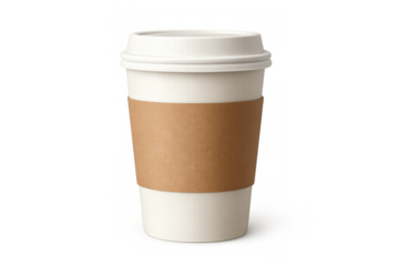 Takeaway coffee cup with cardboard sleeve offering hot drink refreshment and convenience, transparent background