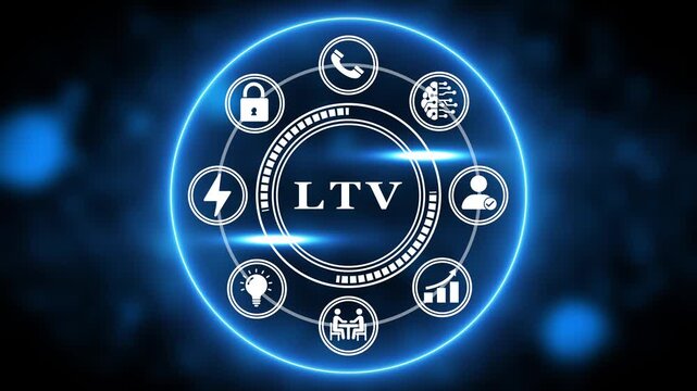 LTV acronym in a glowing blue circle with business icons and bokeh effect Keywords: LTV, Lifetime Value, acronym, business, finance, customer, marketing, sales, strategy, success, performance