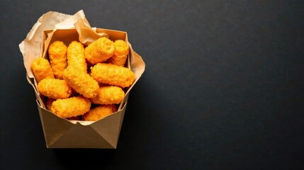 A delectable collection of crispy, golden-brown, cheese-flavored snacks nestled in a simple paper container, ready for a delightful treat.