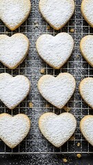 Obraz premium Heartshaped cookies dusted with powdered sugar on a cooling rack