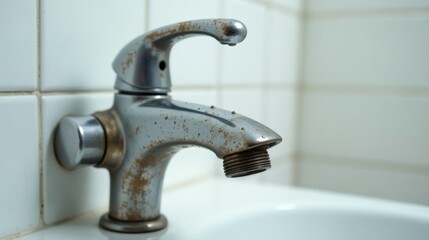 Close-up view of a rusty, metal faucet against a white tiled wall