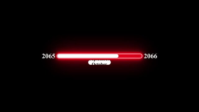 2065 to 2066 loading animation with January 2065 to January 2066 time line on black background, year progress transition, calendar time loading bar, new year change concept