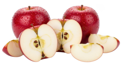 Fresh red apples whole and sliced with water droplets on a black background