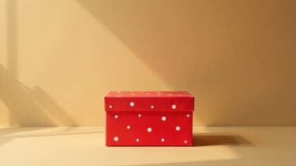A single red gift box with white polka dots sits on a pale yellow surface bathed in soft sunlight