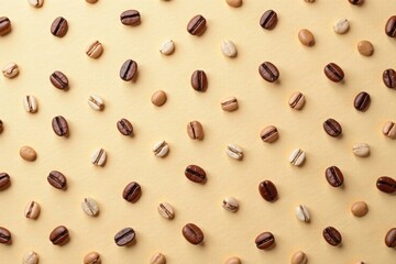 A Pattern of Roasted Coffee Beans in Shades of Brown and Beige on a Pale Yellow Background