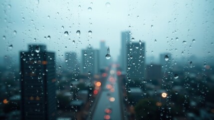 Rain-streaked Window Pane Reveals a Blurred Urban Landscape at Dusk