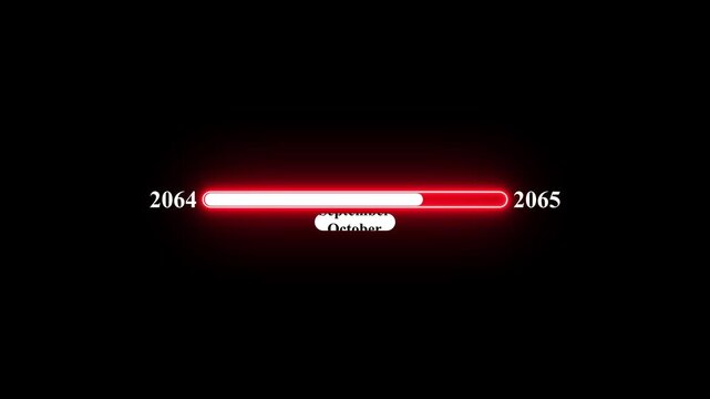 2064 to 2065 loading animation with January 2064 to January 2065 time line on black background, year progress transition, calendar time loading bar, new year change concept