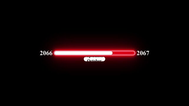 2066 to 2067 loading animation with January 2066 to January 2067 time line on black background, year progress transition, calendar time loading bar, new year change concept