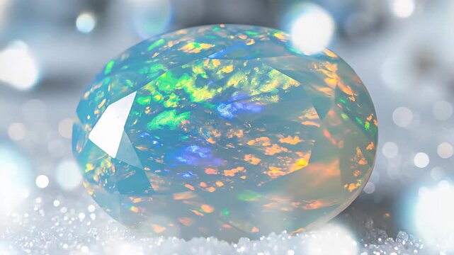 Iridescent Opal Gemstone Displaying Play-of-Color on Glittering Surface.