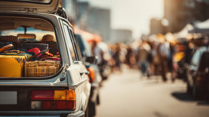 Obraz premium Warm knitted items packed in a car trunk at an outdoor market. Cozy knitted hats and scarves are neatly arranged in the back of a car, ready for a day at a bustling outdoor market.
