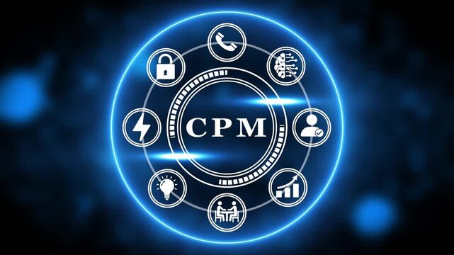 Digital marketing concept CPM cost per mille icon circle diagram with technology and business symbols