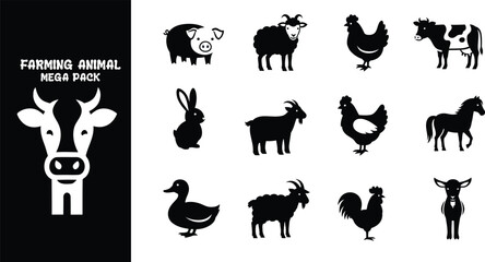 Obraz premium Farming animal mega pack vector illustration set black and white graphic design elements
