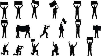 Black Silhouette Vector Set of Protest and Activist Poses with Signs, Flags, and Megaphones for Social Movement and Expression Design