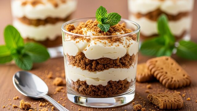 Delicious layered dessert in a glass with crumbs and fresh mint garnish on a wooden table