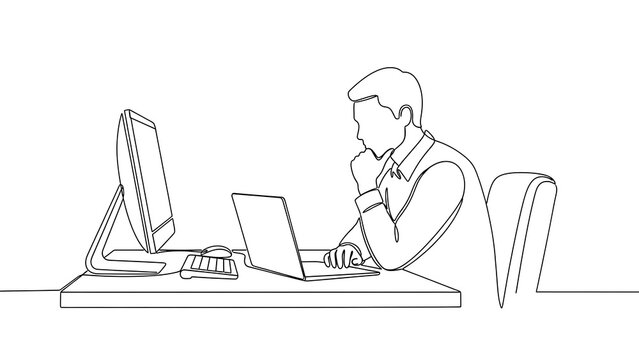 Man sitting at desk using computer with dual monitors in continuous line art style
