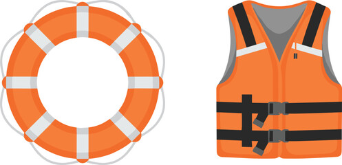 Essential water safety equipment illustration featuring life buoy and life jacket for rescue, flotation, and personal protection in emergencies © Austomi's World