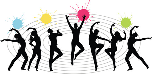 Expressive dance silhouettes with colorful paint splashes and motion rings for abstract art, performance themes, and energetic design backgrounds.