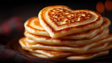 Fototapeta premium Heart-shaped pancakes arranged neatly, creating a stack of deliciousness. The pancakes' golden-brown color and soft texture invite us to savor them