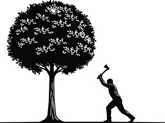 Silhouette of person chopping tree with axe, symbolizing deforestation, manual labor, and human impact on nature for editorial use. © Austomi's World