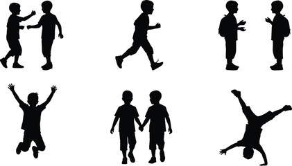 Silhouette vector set of children playing, running, jumping, and interacting — ideal for educational, social, and activity-themed design projects.