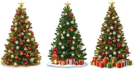 Set of Three Beautifully Decorated Christmas Trees with Red, Gold, and Silver Ornaments, Lights, Ribbons, and Wrapped Gifts at the Base, Vector