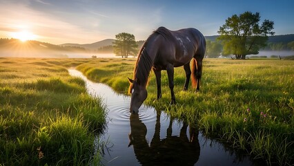 Horse Drinking from Pond in Serene Meadow Landscape