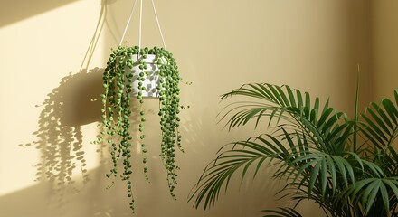 Hanging Green Succulent Plant with White Pot Near Palm Plant on Wall hanging plant indoor plant