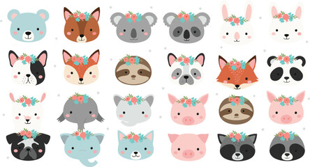 Naklejka premium Cute animal face vector collection featuring adorable cartoon wildlife and pet characters with floral crowns, soft pastel colors, and charming kawaii illustration style
