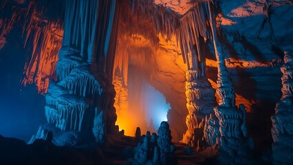 Illuminated Cave Formations with Striking Orange Lighting